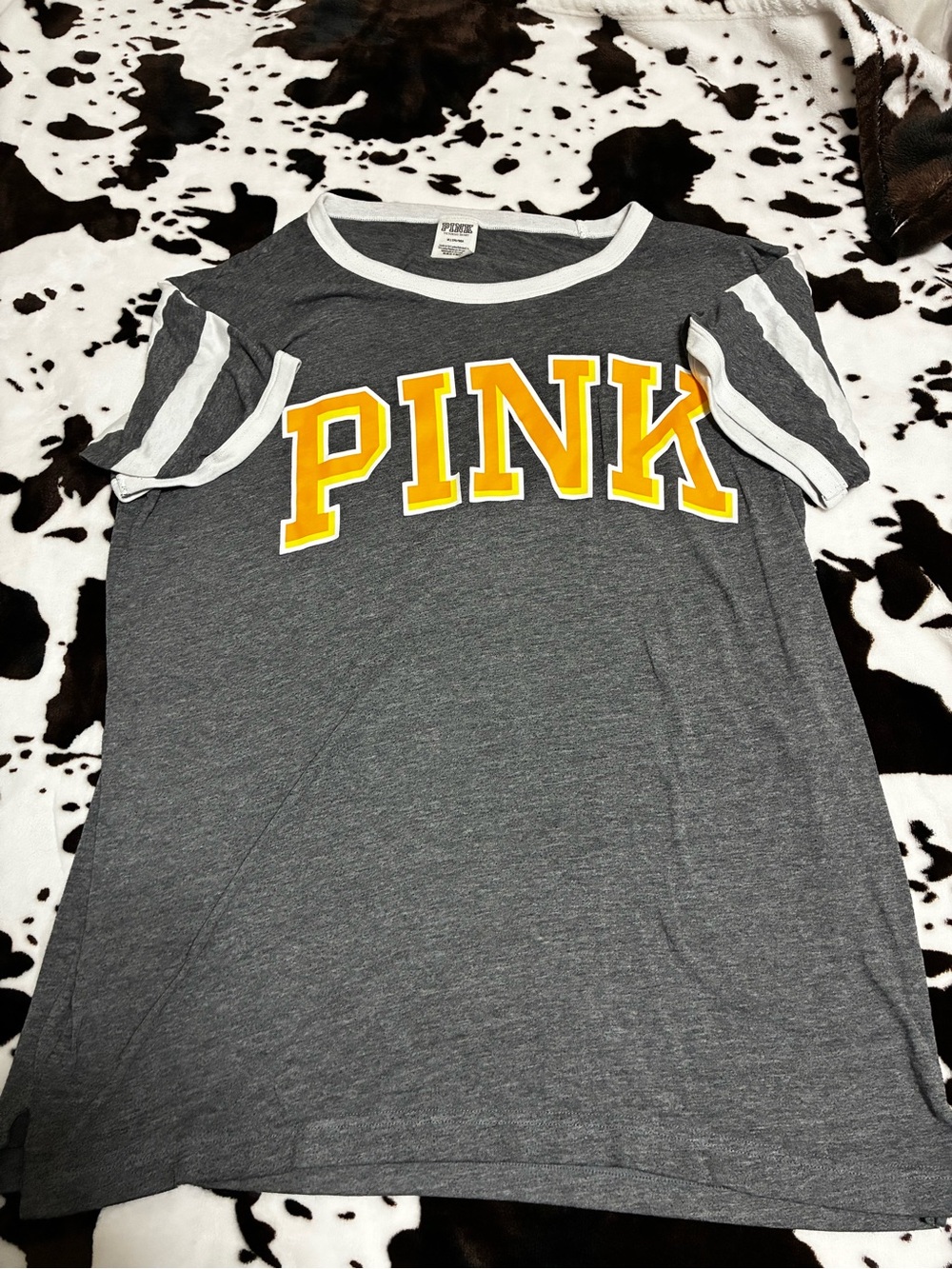 PINK Victoria's Secret Charcoal Gray Tee with Yellow Logo